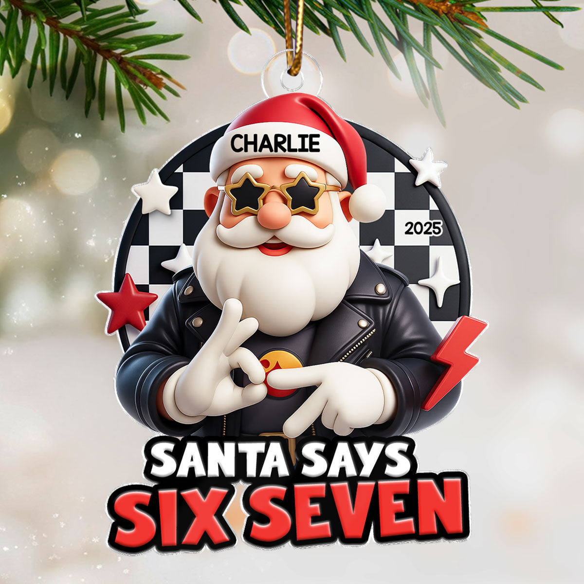 Santa Says Six Seven - Personalized Acrylic Ornament - Teen Slang Funny 67 Tree Decor, Funny Teen Grandkid Gift