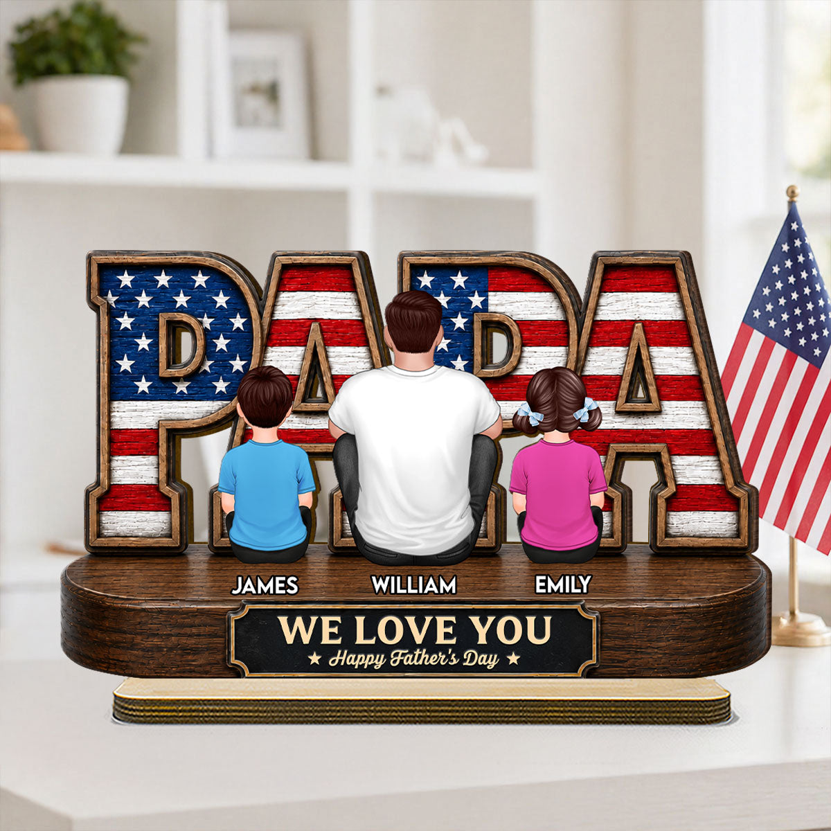 Proud Papa Grandpa Nation Flag Grandpa Dad And Kids - Personalized 2-Layered Wooden Plaque -  Gift For Dad, Husband
