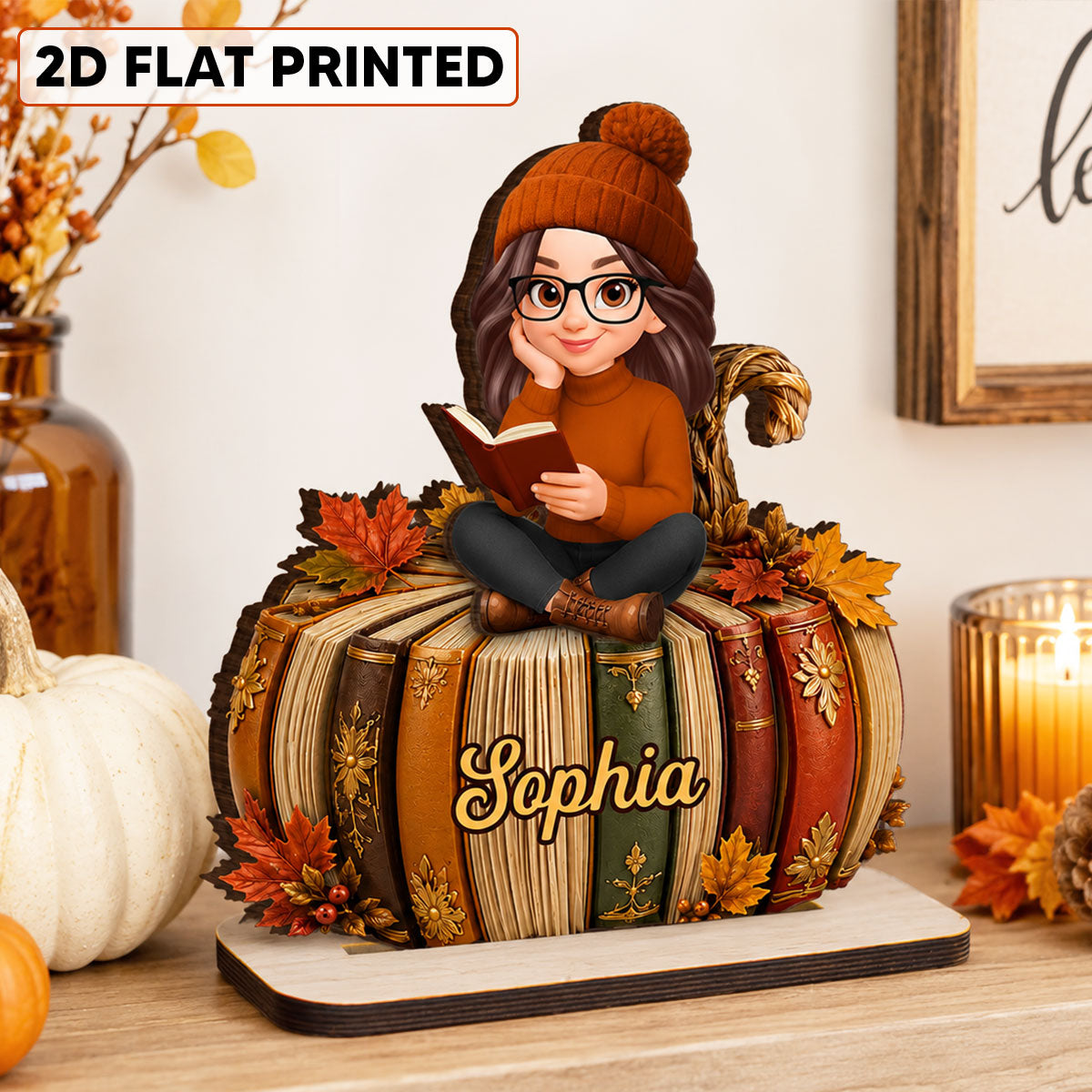 Fall Season Pumpkin Books - Personalized 2-Layered Wooden Plaque - Fall Gift For Book Lovers, Girl, Daughters