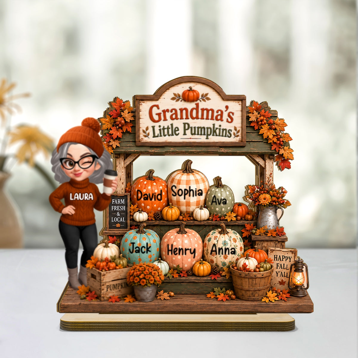 Rustic Fall Shelf Sitter Grandma - Personalized 2-Layered Wooden Plaque - Fall Season Decor Gift, Gift For Grandma
