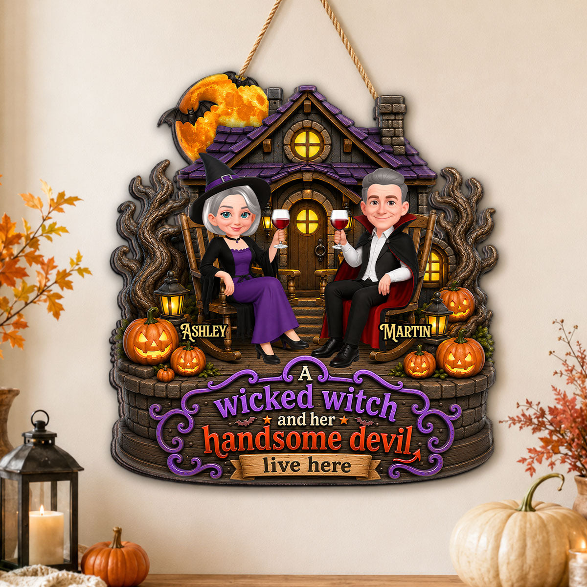 Halloween Haunted House Couple Wicked Witch Handsome Devil Live Here - Personalized Wood Sign - Halloween Decoration For Couple
