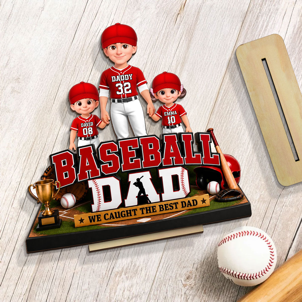 The Best Catch Baseball Dad & Kids - Personalized 2-Layered Wooden Plaque - Heartfelt Gift For Dad, Husband