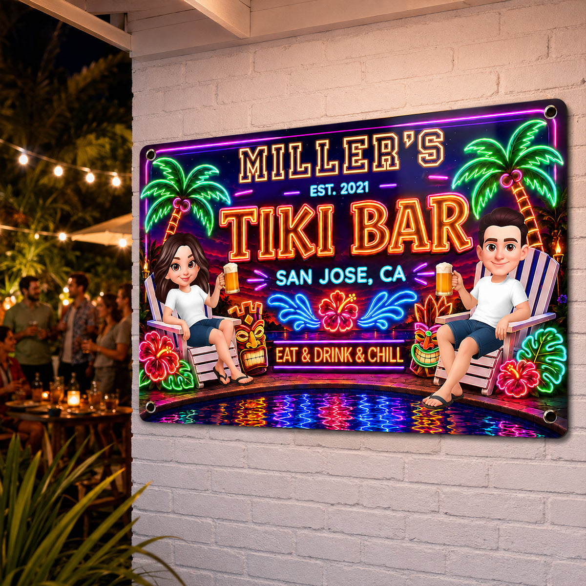 Custom Family Tiki Bar - Personalized Metal Sign - Outdoor Home Bar Decor, Eat Drink & Chill Sign, Backyard Patio Sign, New Home Gift