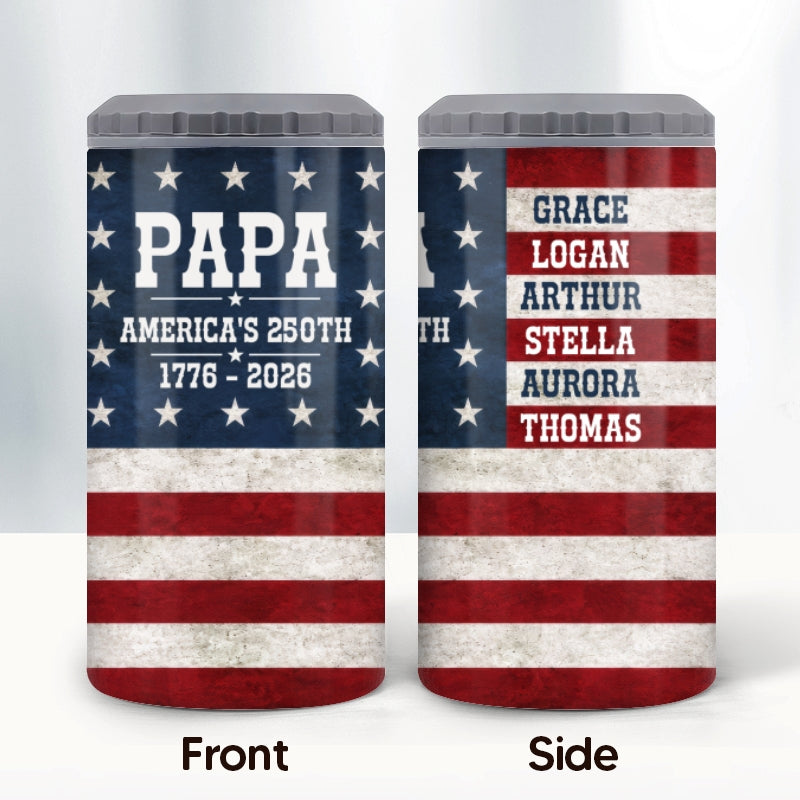 Proud American Dad Grandpa Custom Kids Name - Personalized 4-in-1 Can Cooler
