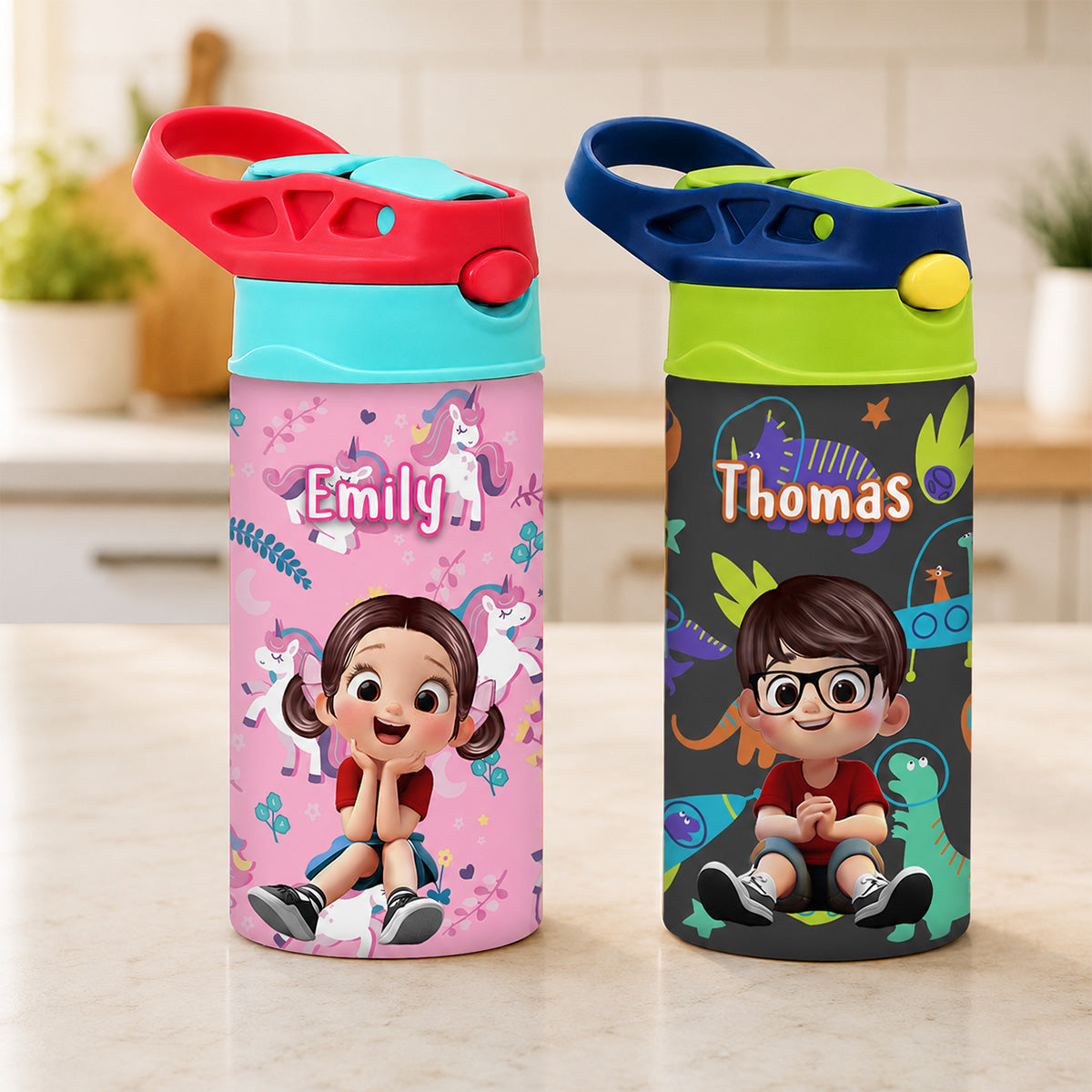 Multiple Kid Favorite Pattern - Personalized Kid Insulated Water Bottle - Stainless Steel Toddler Cups with Straws, BPA Free, Leak-Proof