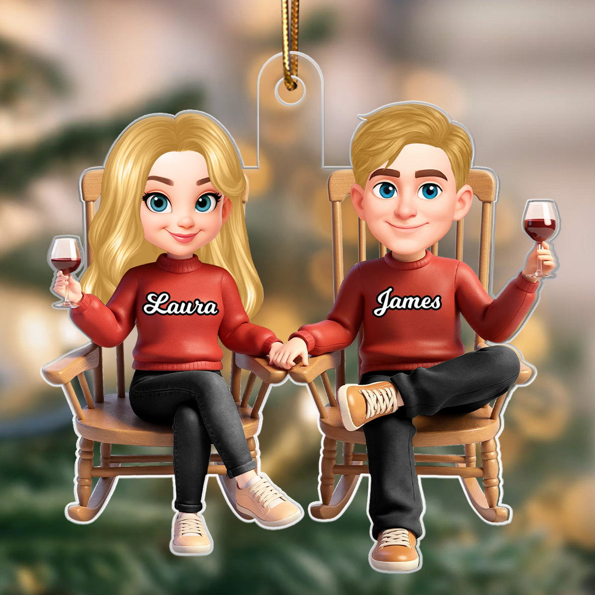 His and Hers Cartoon Couple Sitting on Rocking Chair - Personalized Acrylic Ornament - Christmas Gift for him, Gift for her