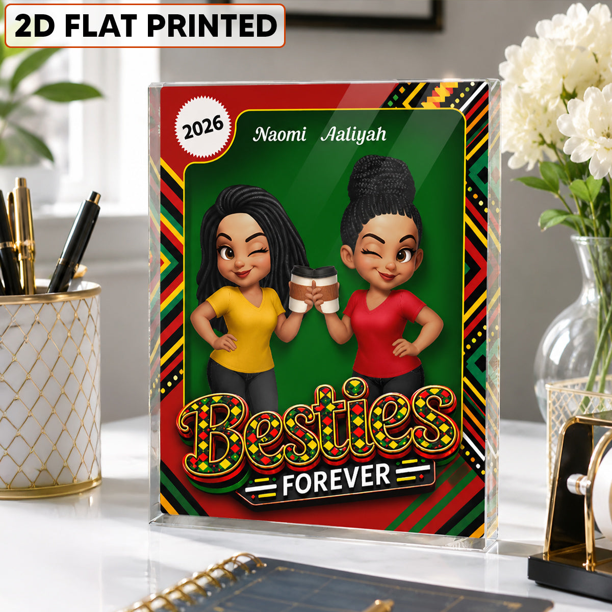 Tribal Pattern Besties Forever - Personalized Acrylic Block Plaque - Birthday Gift, Gift For Best Friends