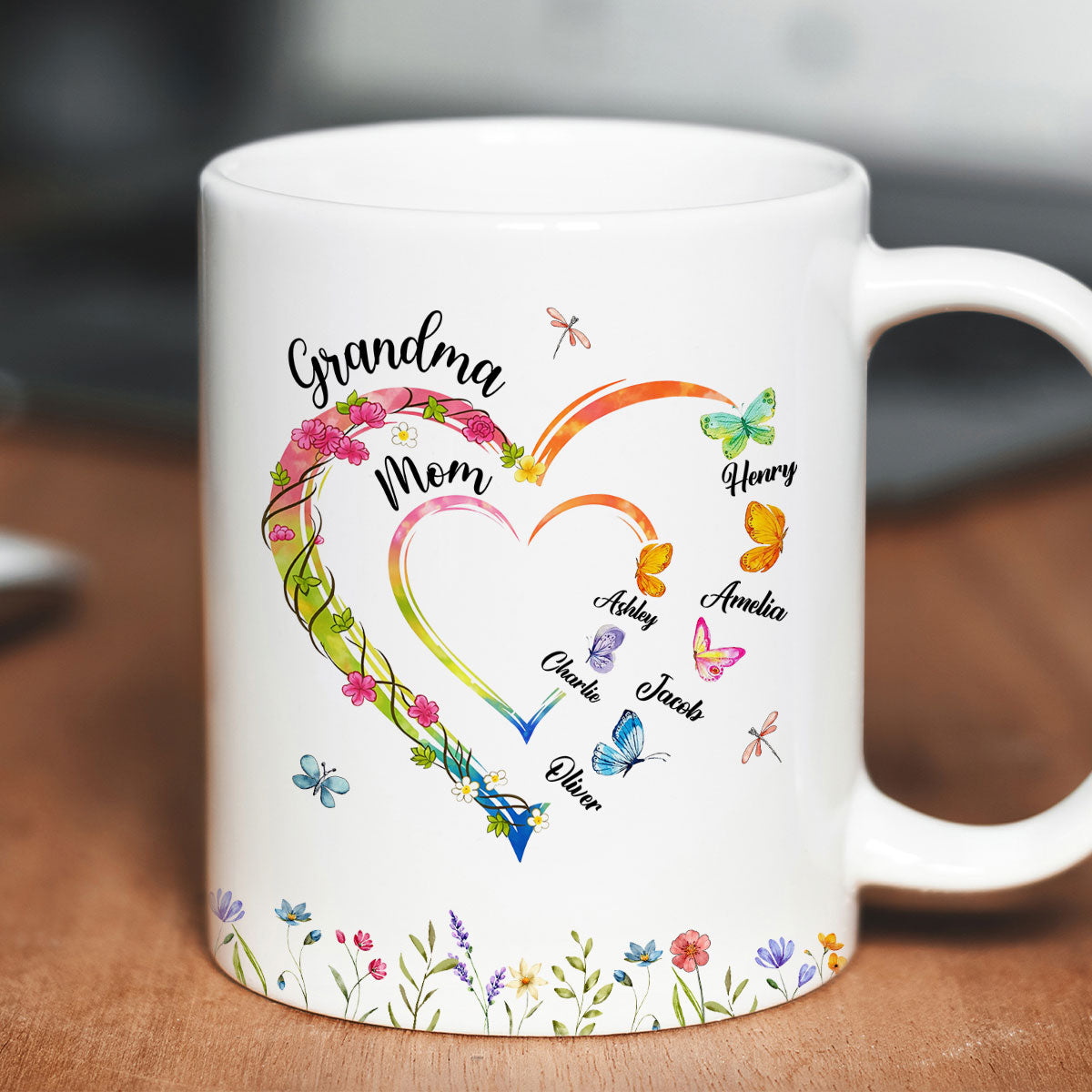 Custom Grandma Mom Flower Heart with Kids Names - Personalized Mug - Gift for Mom, Grandma