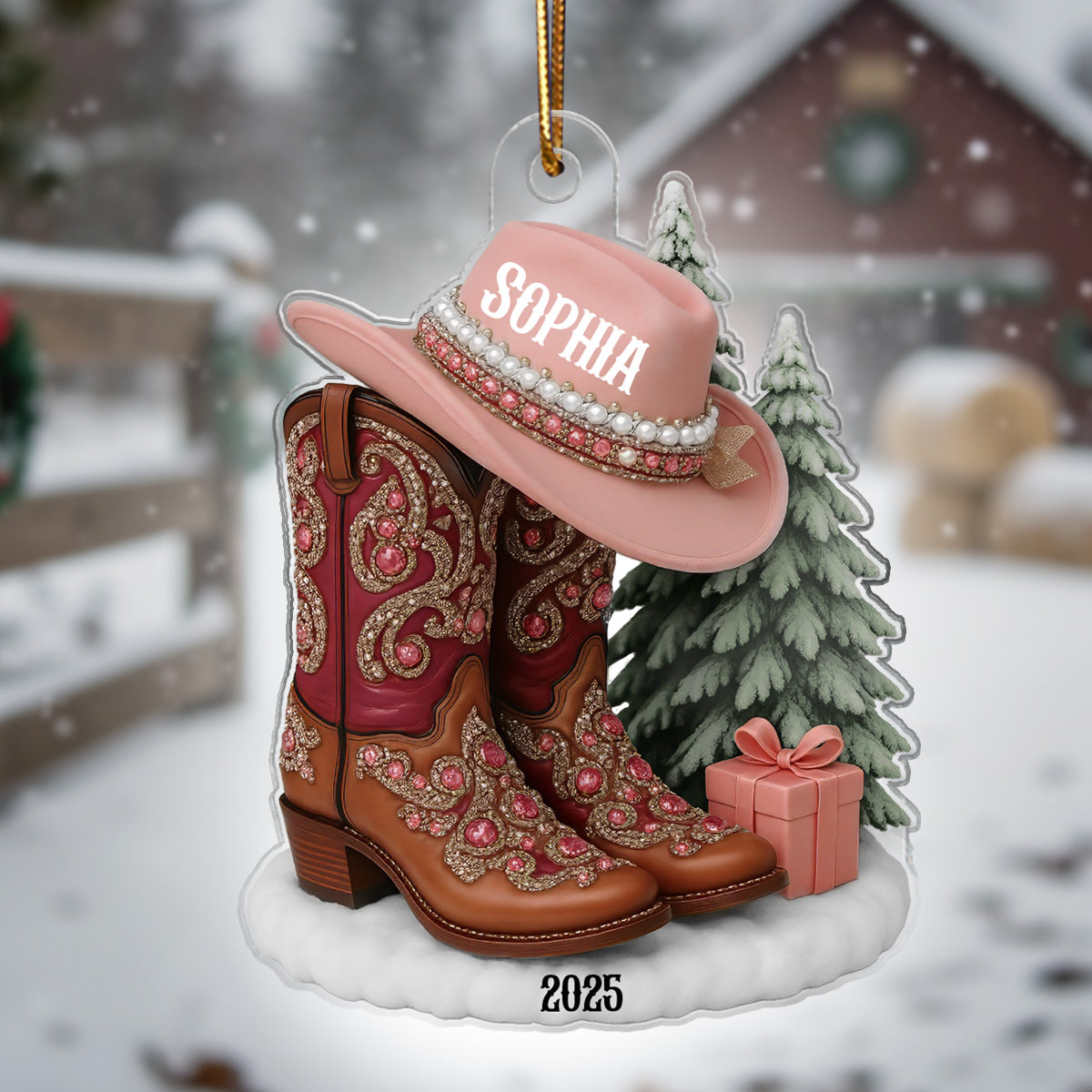 3D Effect Boots And Hat Cowgirl Name - Personalized Acrylic Ornament