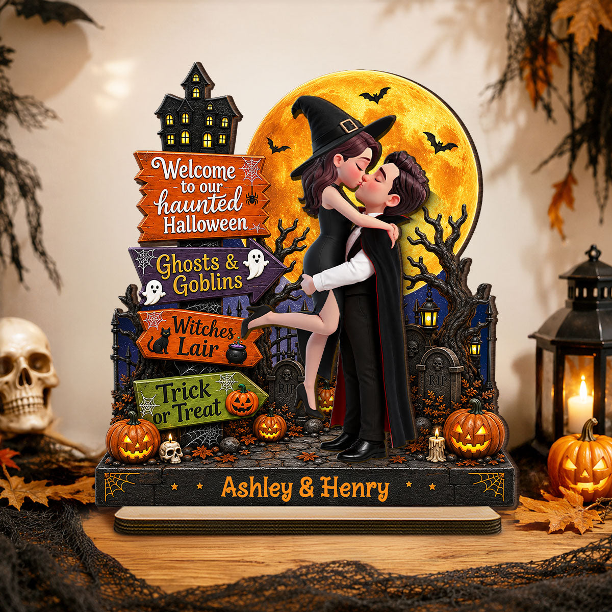Eternal Love Couple Halloween Sign Posts - Personalized 2-Layered Wooden Plaque - Halloween Gift For Couple