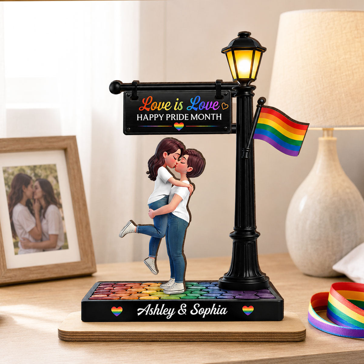LGBT Couple Under Lamp Post - Personalized 2-Layered Wooden Plaque - Gift For Couple, Happy Pride Month
