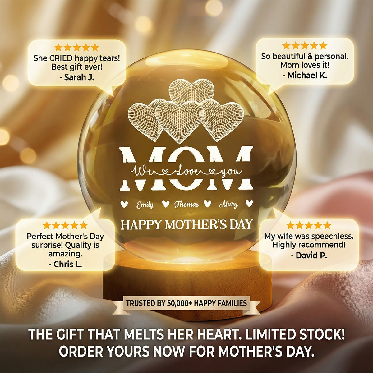 MOM Heart Love - Personalized Crystal Ball LED Night Light - Mother's Day Gift For Mom