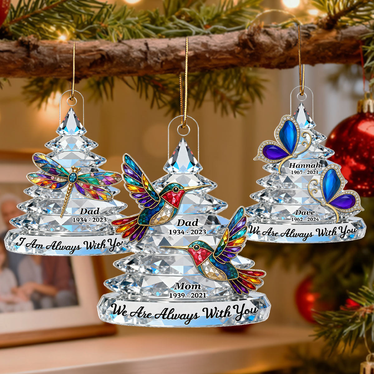 3D Effect Flat Memorial Christmas Tree Colorful Hummingbird - Personalized Acrylic Ornament - Remembrance Gift, Sympathy Gift