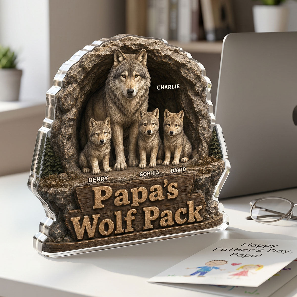 Dad Papa's Wolf Pack - Personalized Acrylic Block Plaque - Cool  Gift For Dad, Husband