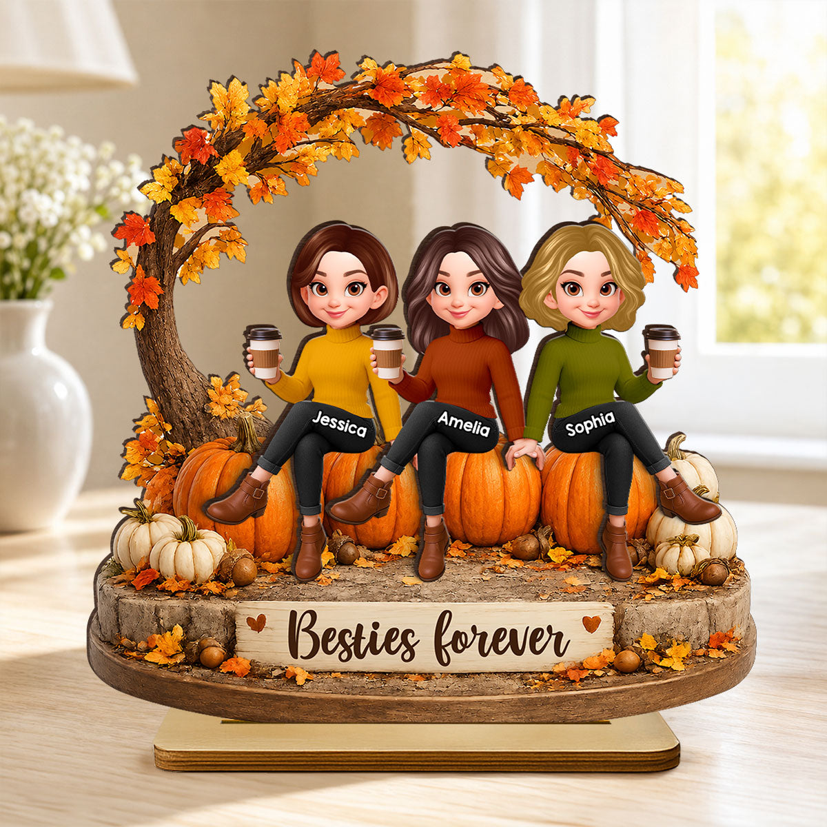 Cozy Autumn Besties Forever - Personalized 2-Layered Wooden Plaque - Fall Season Gift For Besties