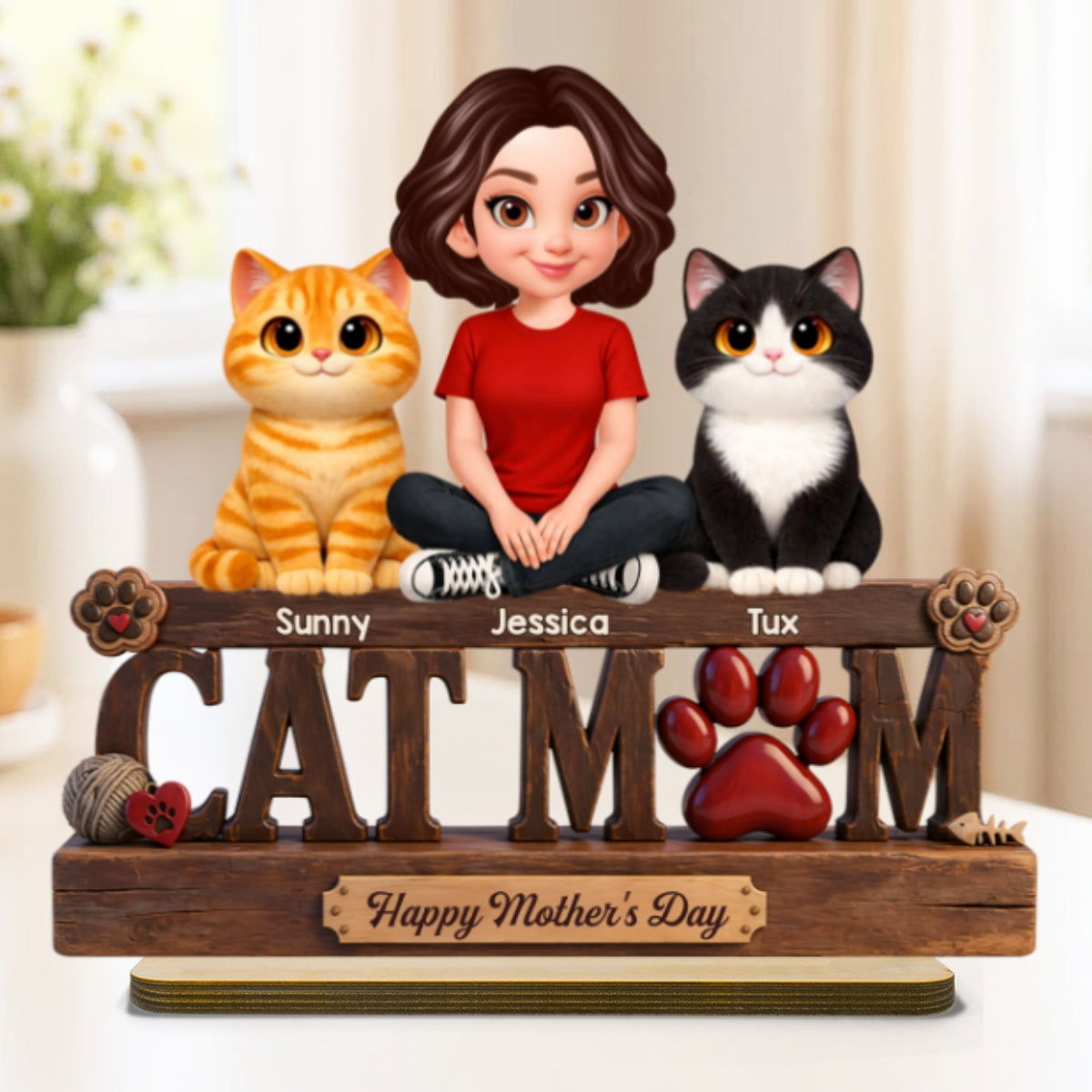 Cat Mom Cute Fluffy Cats Happy Mother's Day - Personalized 2-Layered Wooden Plaque - Mother's Day Gift For Cat Mom