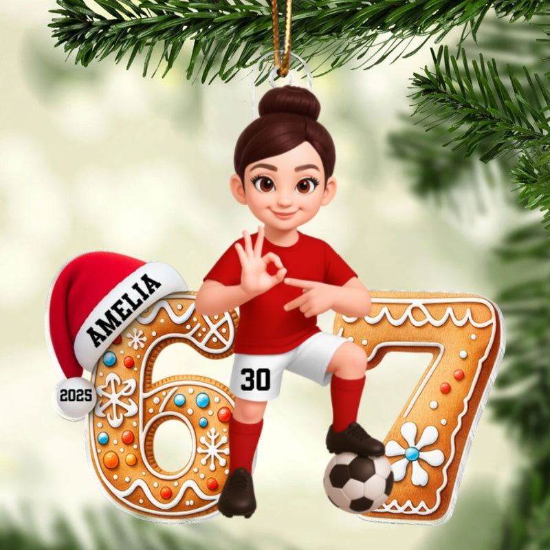 Soccer Boy Girl Christmas Pattern Custom Six Seven 67 - Personalized Acrylic Ornament - Teen Slang Funny Tree Decor, Funny Teen Grandkid Gift