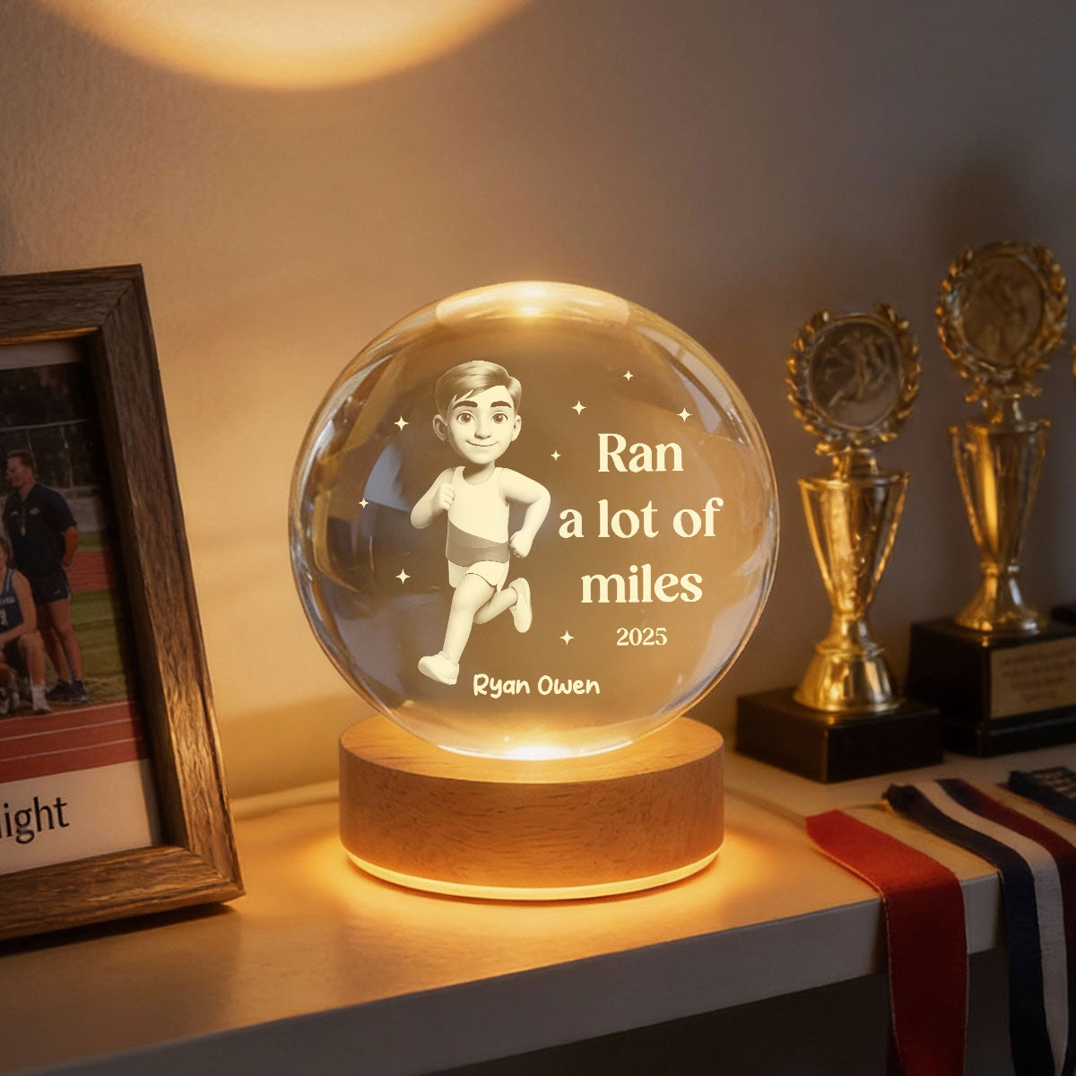 Ran A Lot Of Miles Running Boy Girl - Personalized Crystal Ball LED Night Light - Gift for Marathon Runner, Track Senior Night Gift