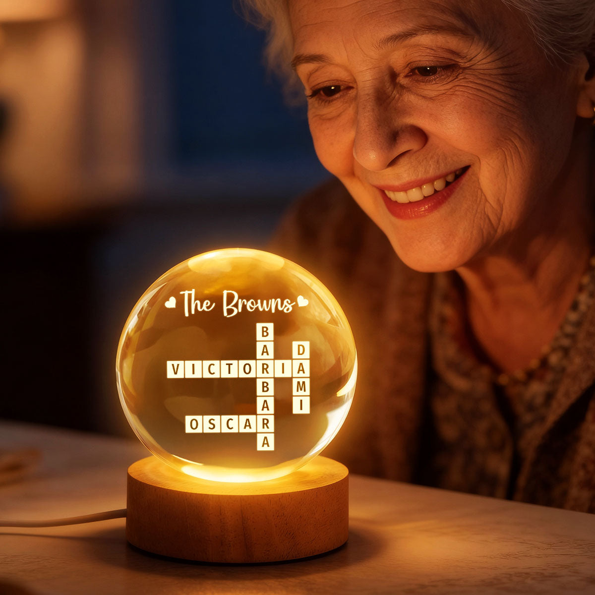 Family Crossword Puzzle Art - Personalized Crystal Ball LED Night Light - Heartfelt Gift For Grandma, Gift For Mom