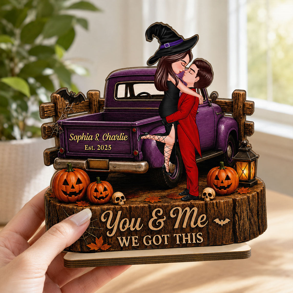Spooky Halloween Couple Kissing - Personalized 2 Layered Wooden Plaque - Gift For Couple, Him, Her