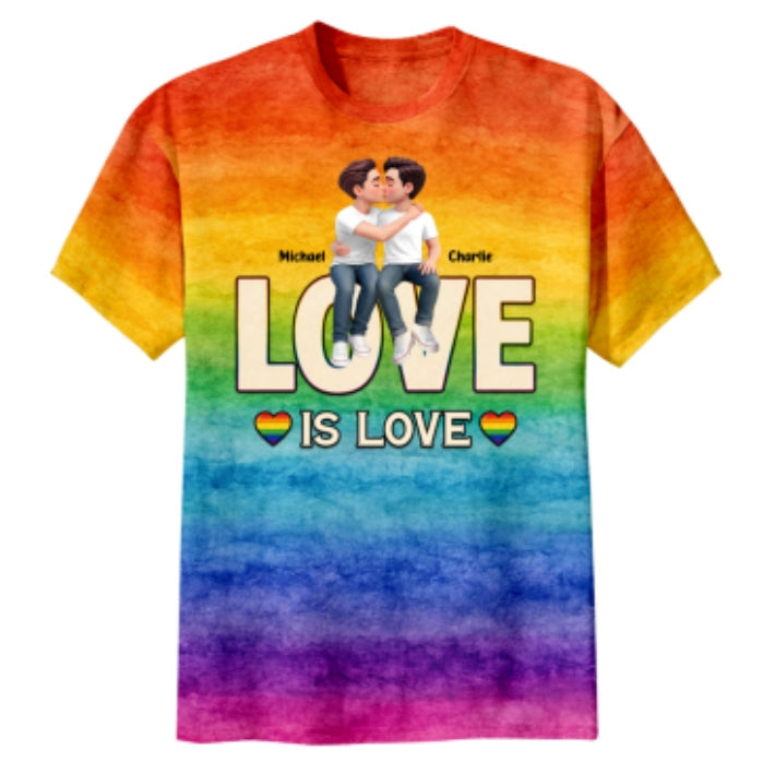 LGBT+ Watercolor Flag Couple Love Is Love - Personalized Shirt - Matching Shirts For Couple, Happy Pride Month