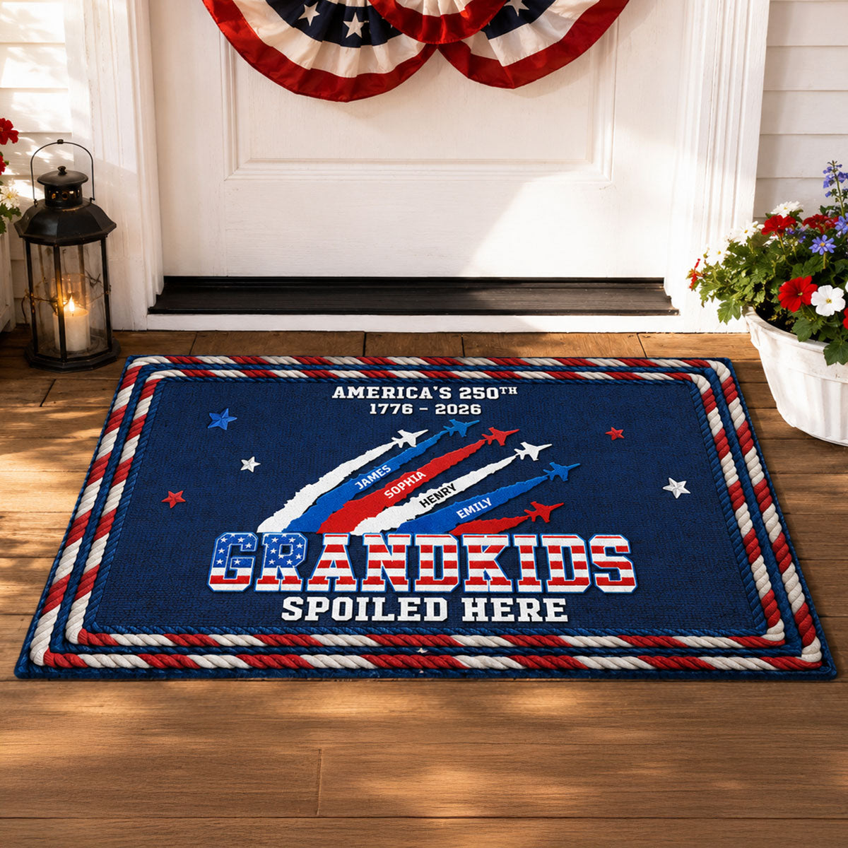 Proud Grandkids Spoiled Here American 250th Anniversary Faux Yarn Texture - Personalized Doormat - 250 Years Of Freedom Decoration, Gift For Grandparents