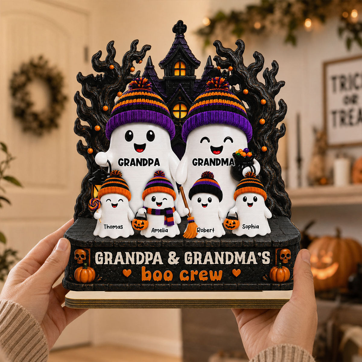 Mysterical Grandma Grandpa's Boo Crew Haunted House - Personalized 2-Layered Wooden Plaque - Halloween Decoration For Grandparents
