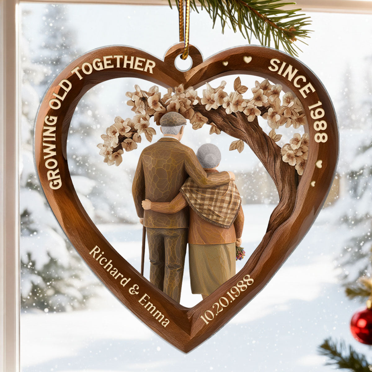 Growing Old Together Couple 3D Wooden Effect - Personalized Acrylic Ornament - Christmas Gift for Couples