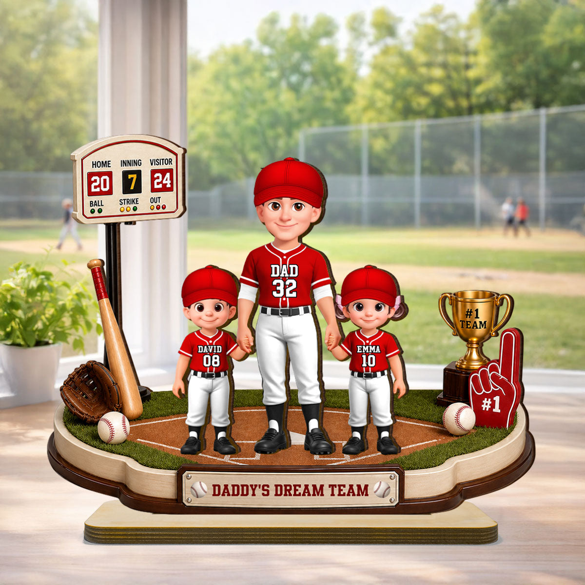 Daddy's Dream Team Baseball Dad Kids - Personalized 2-Layered Wooden Plaque - Heartfelt Gift For Baseball Dad, Gift For Husband