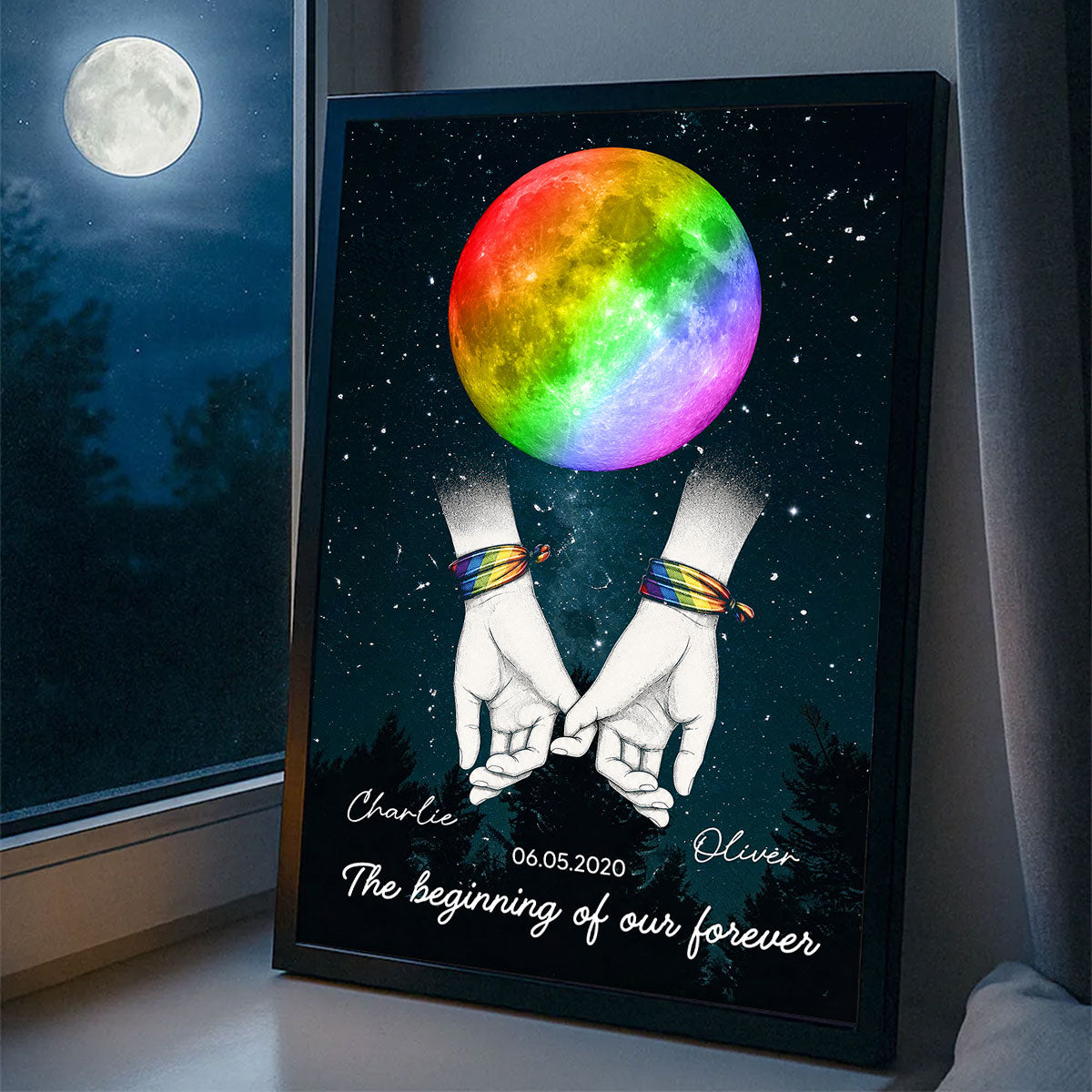 LGBT+ Couple Custom Anniversary Date Moon Phase - Personalized Poster - Gift For Couple, Happy Pride Month