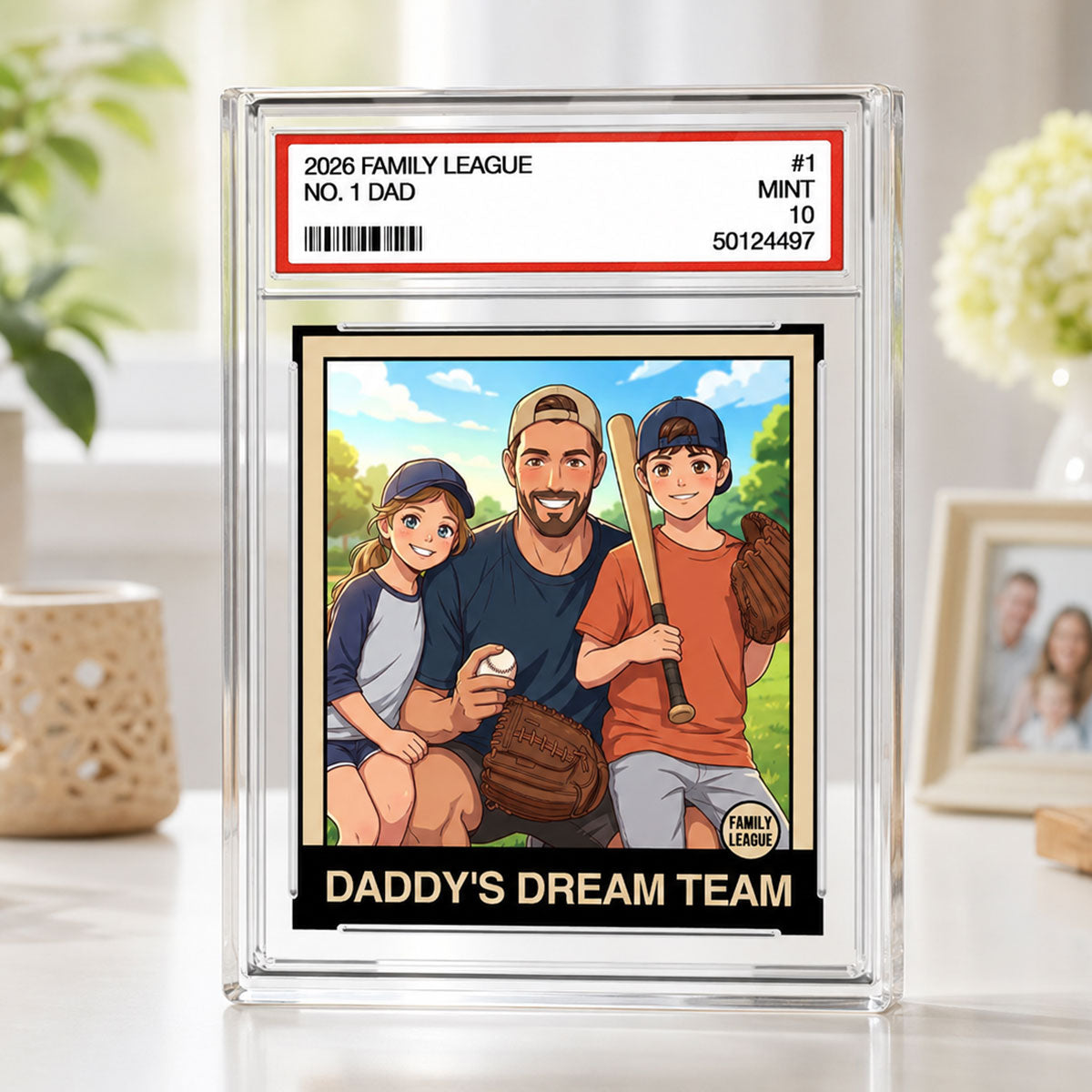 Cartoon Style Baseball Daddy's Dream Team Trading Card - Personalized Acrylic Block Plaque -  Gift For Baseball Dad, Husband
