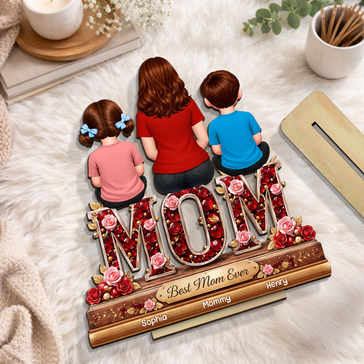 Best Mom Ever Mom Daughters Sons Back View - Personalized 2-Layered Wooden Plaque - Heartfelt Gift For Mom, Grandma