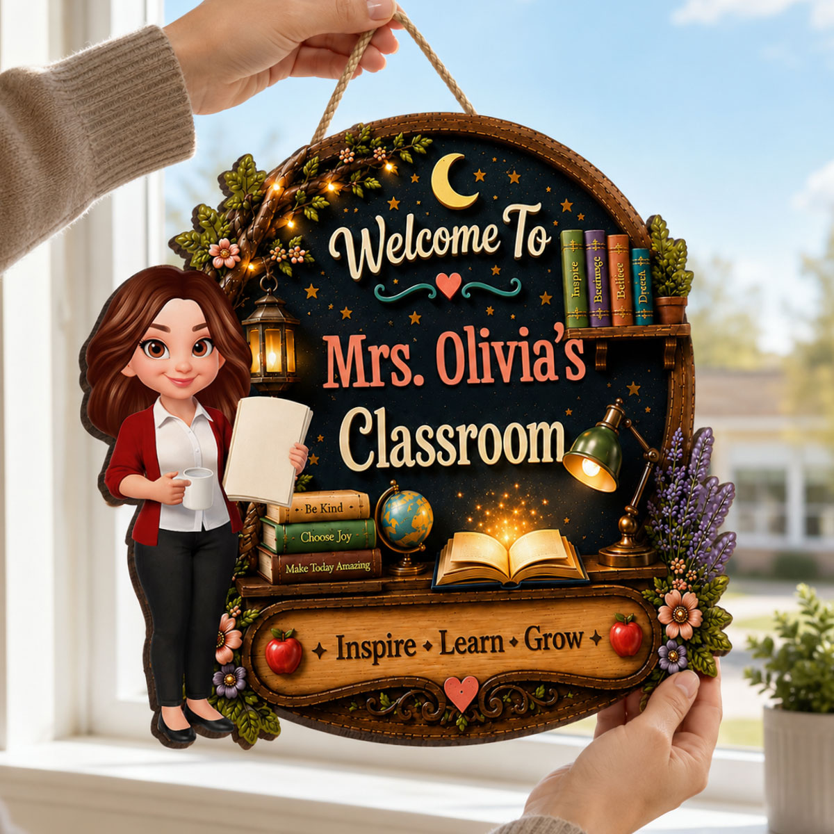 Inspire Grow Learn Fantasy Teacher - Personalized Wood Sign - Back To School Gift For Teacher, Classroom Decor