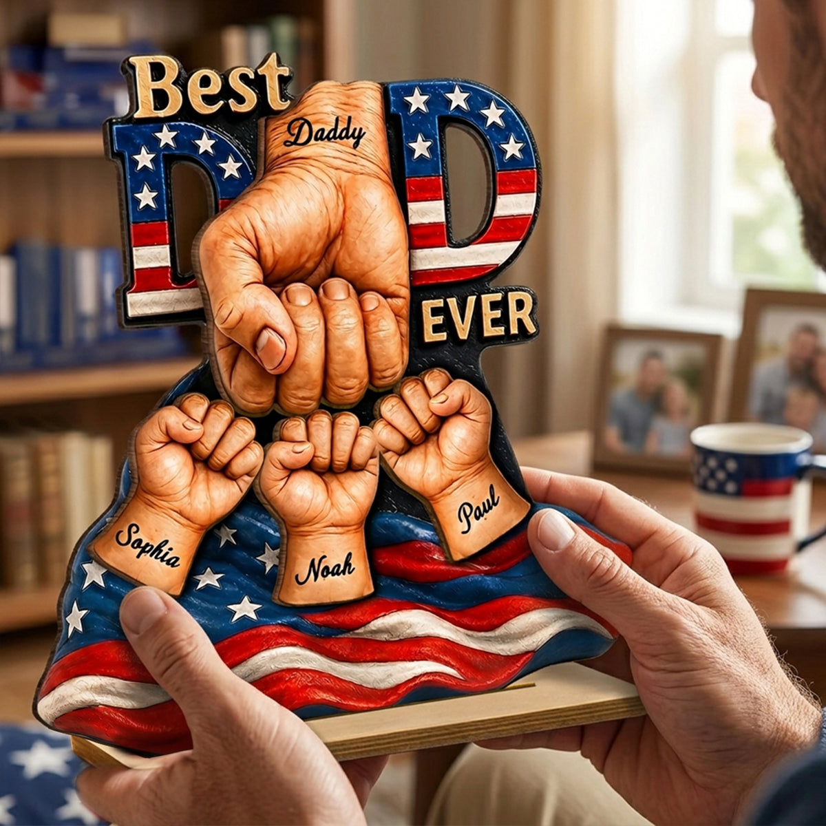 American Dad And Kids Fist Bump - Personalized 2-Layered Wooden Plaque -  Gift For Dad, Husband