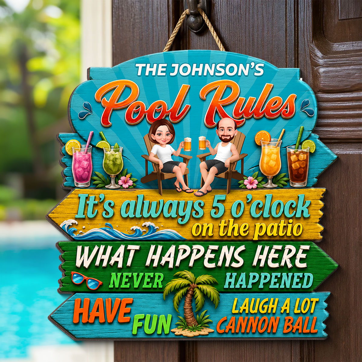 Family Pool Rules Sign Tropical - Personalized Wood Sign - Gift For Grandpa, Grandma, Summer Decorations