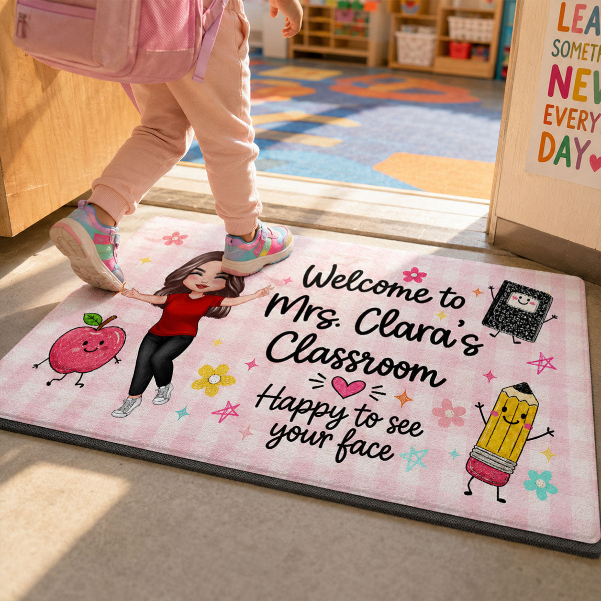 Happy To See Your Face Happy Teacher - Personalized Doormat - Classroom Students Welcome Decor