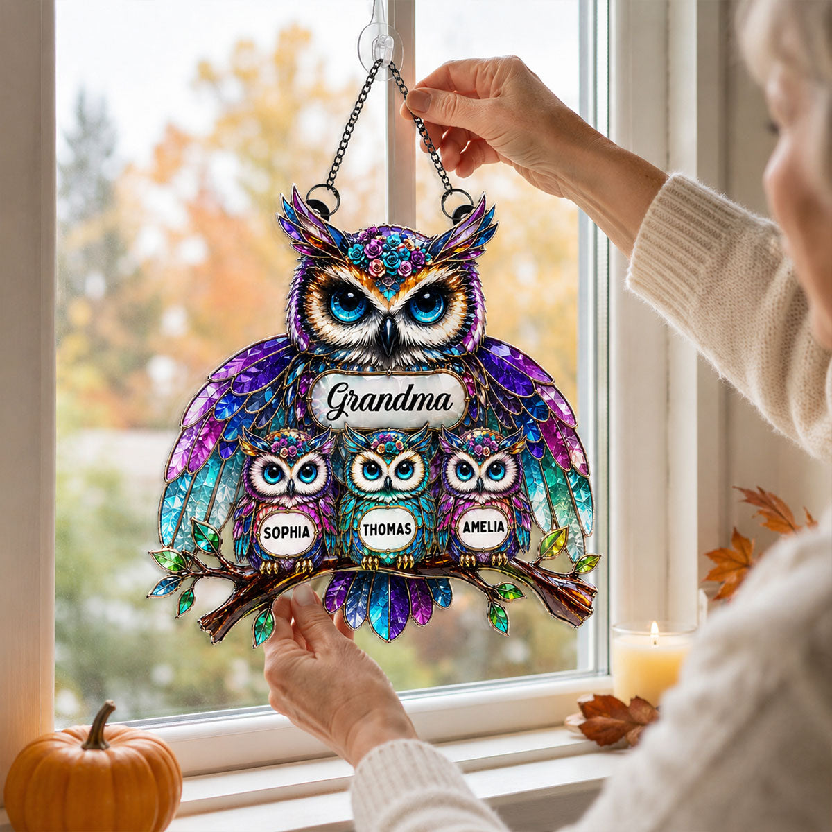 Grandma Owl - Personalized Window Hanging Decor - Halloween Decor for Grandma