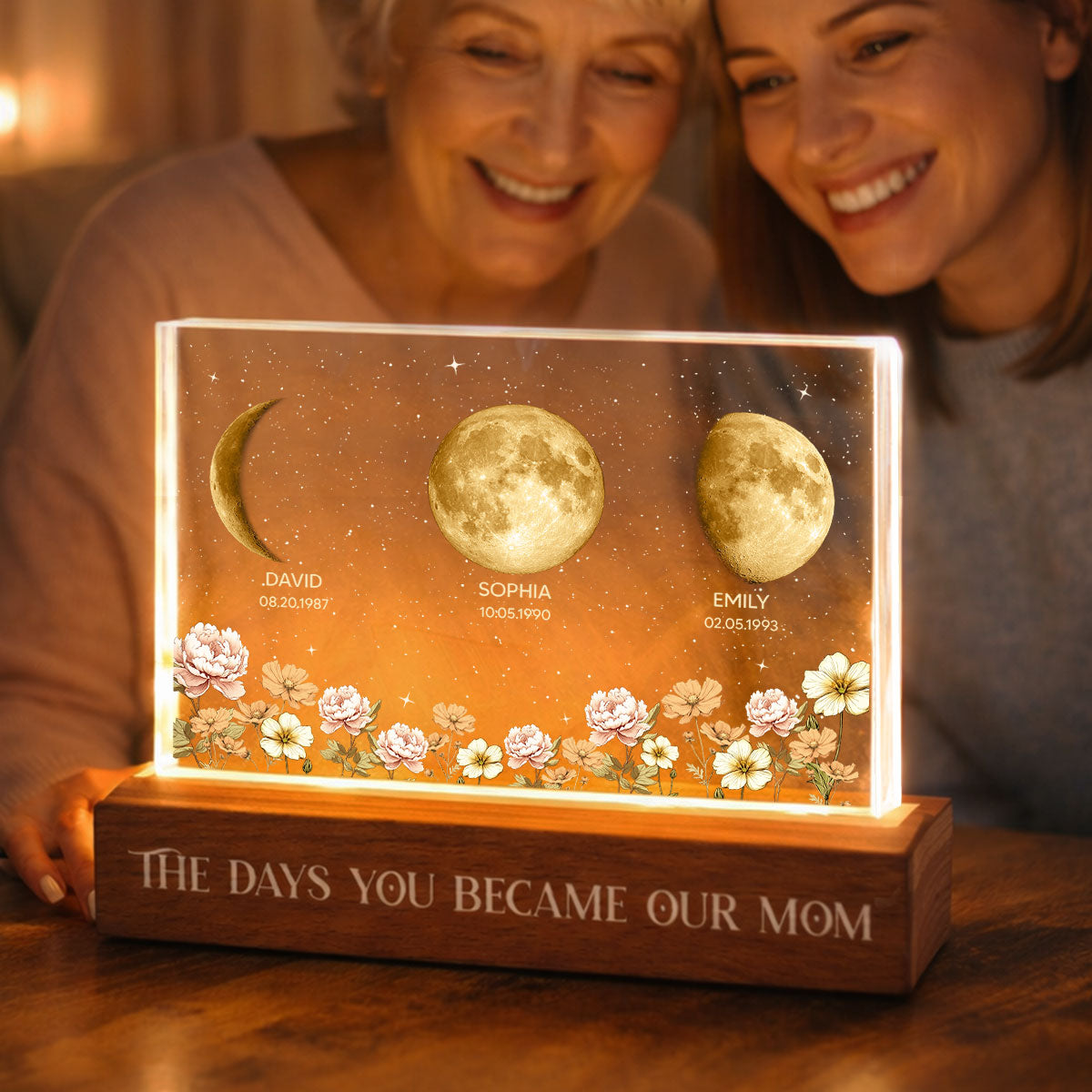 The Day You Became Our Mom Custom Moon Phase by Date - Personalized Acrylic Block LED Night Light, Custom Birth Flowers