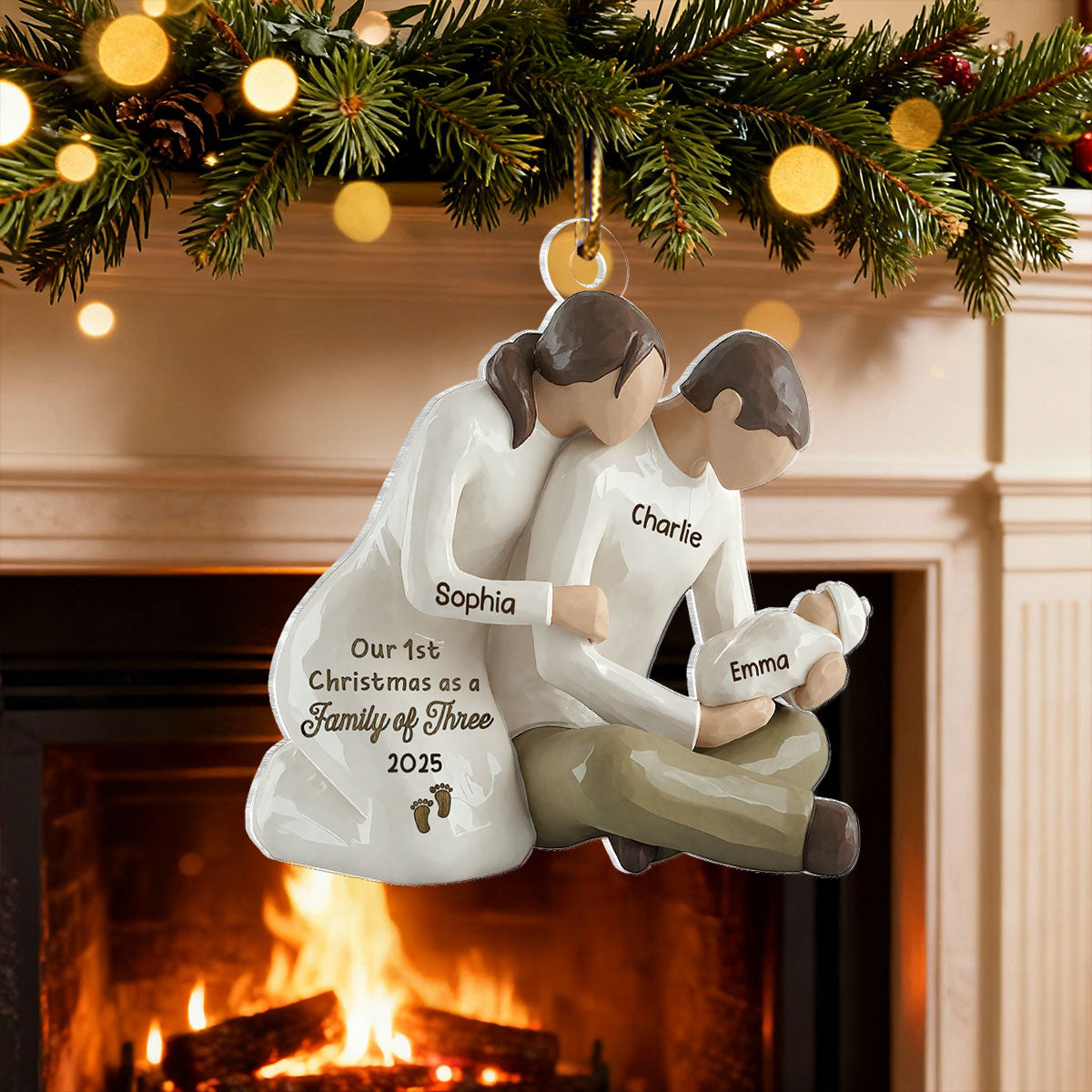 3D Effect First Christmas As Family Of Three Mom Dad Holding Baby - Personalized Acrylic Car Hanger