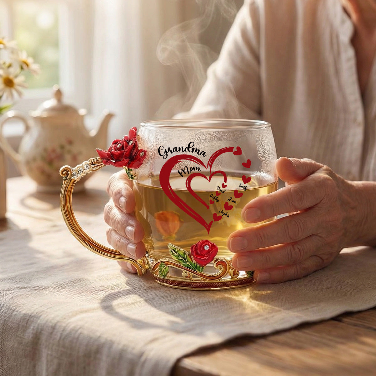 Grandma Mom Heart Custom Kids Names - Personalized Enamel Flower Tea Cup - Gift For Grandma, Mom