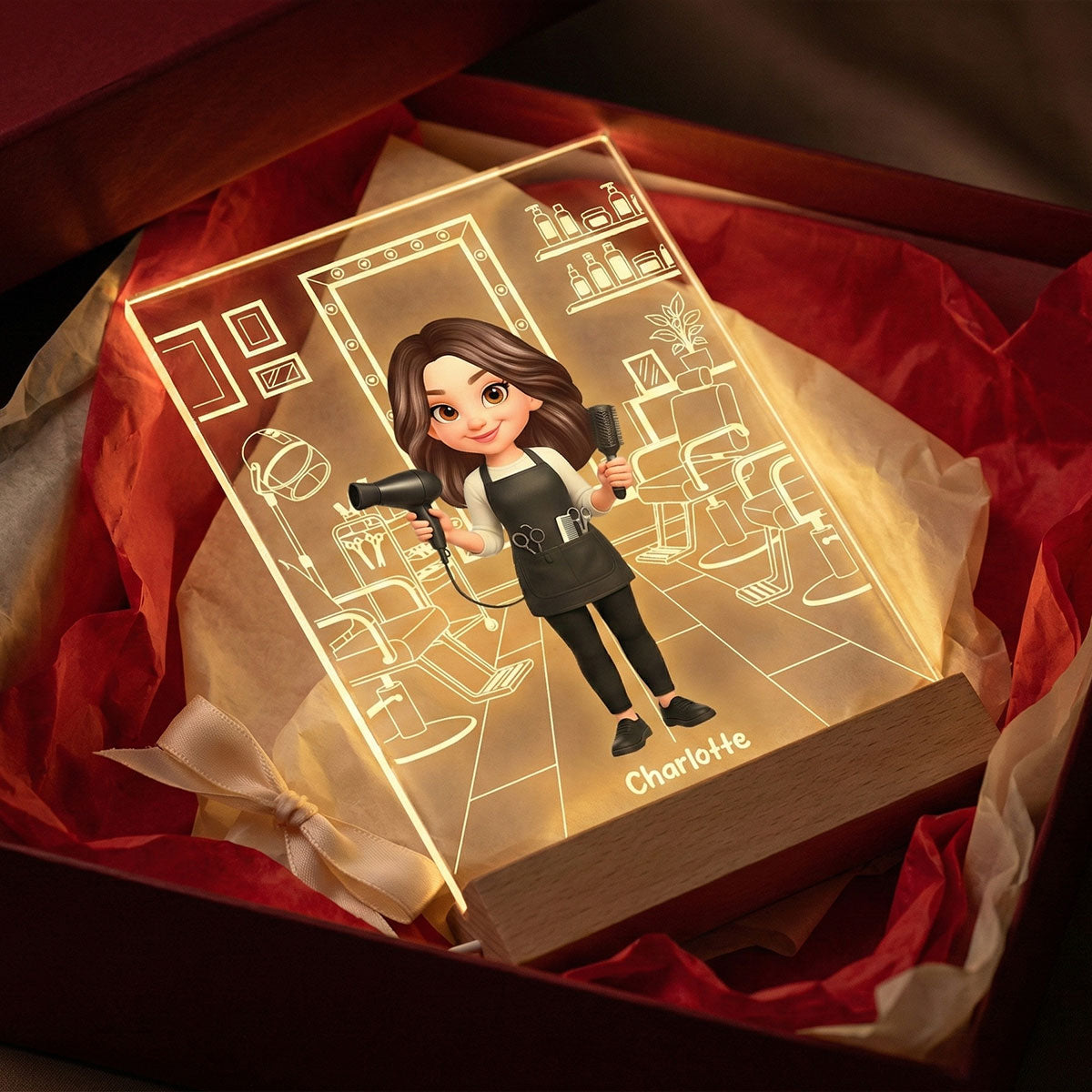 Hairdresser Man Woman In Hair Salon - Personalized Acrylic Plaque LED Night Light - Gift For Hairdressers