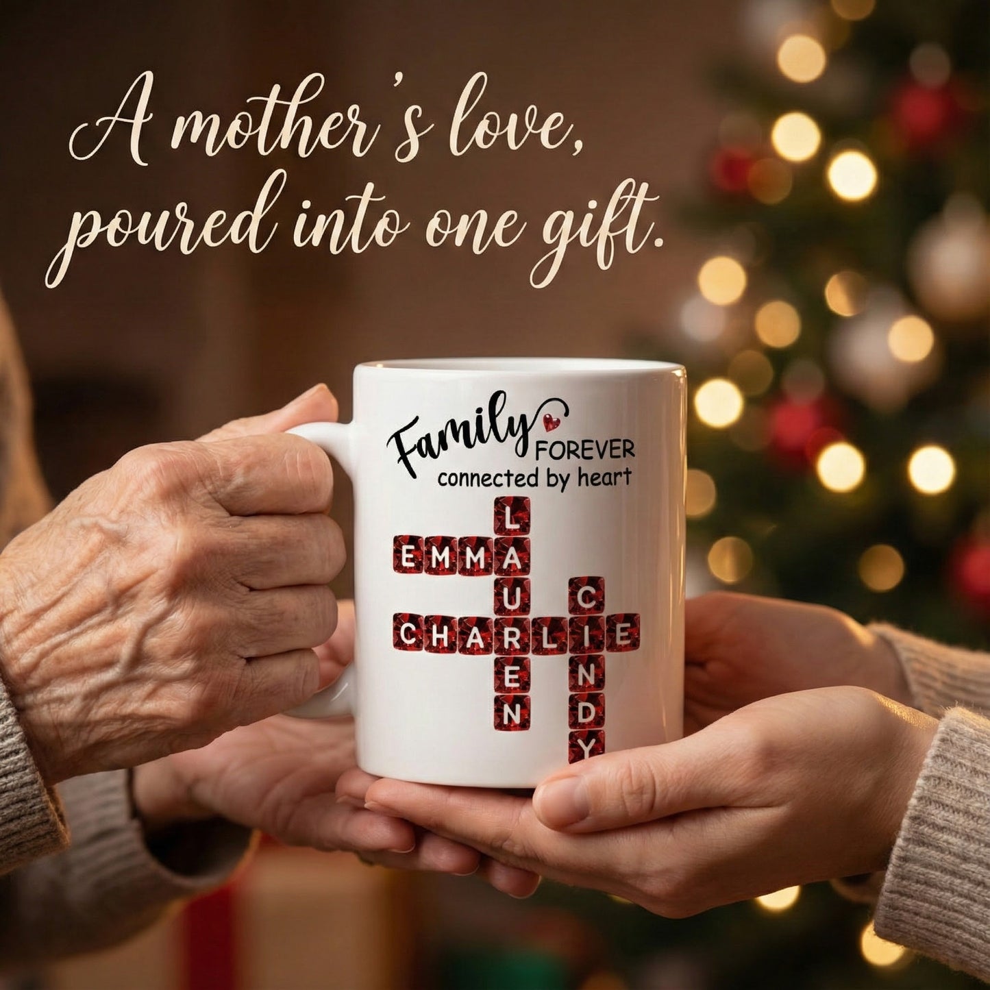 Family Forever Connected by Heart 3D Crystal Crossword - Personalized Mug - Sentimental Gift for for Loved Ones