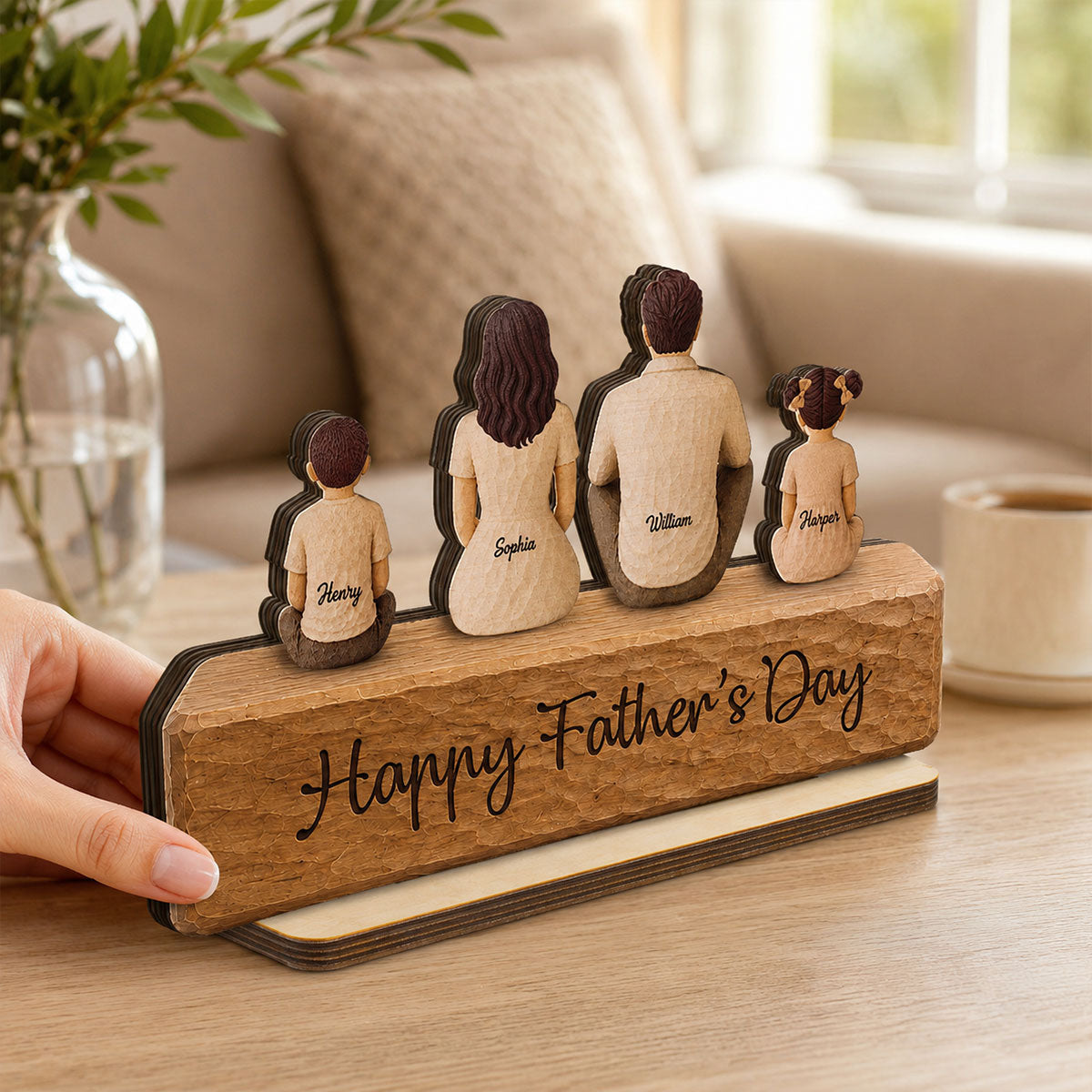 Family Sitting Back View 2D Flat Printed - Personalized 2-Layered Wooden Plaque - Gift For Dad, Gift For Husband, Gift For Grandpa