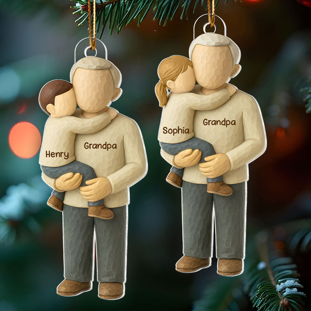 Grandpa Hugging Grandkid - Personalized Acrylic Ornament - Heartwarming Christmas Gift for Grandpa