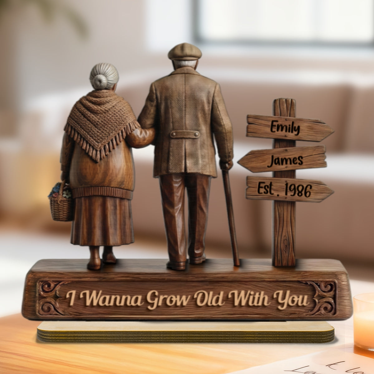 Old Couple Walking Side By Side Sign Post 2D Flat - Personalized 2-Layered Wooden Plaque