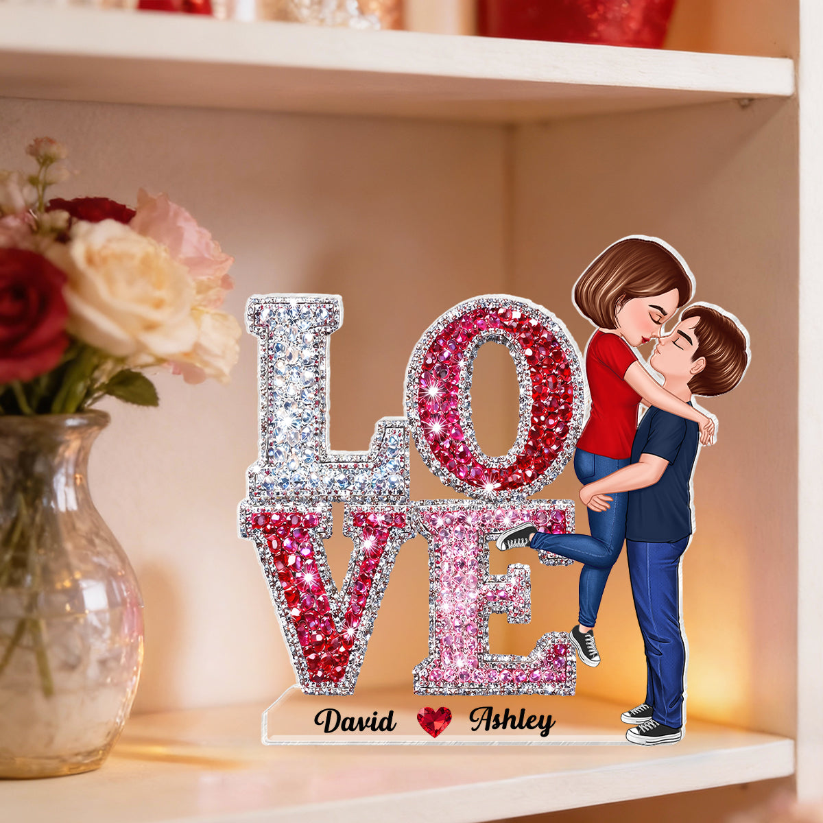 3D Effect Rhinestones Couple Love - Personalized Acrylic Block Plaque - Heartfelt Gift for Her, for Him