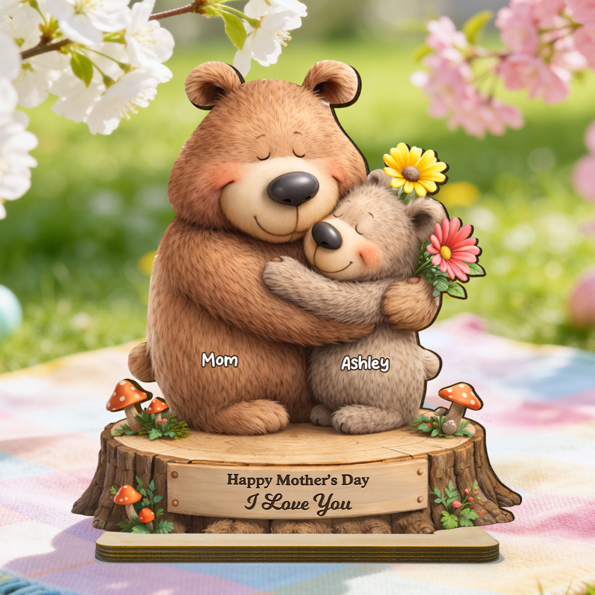 Loving Bears Mom & Kids - Personalized 2-Layered Wooden Plaque - Heartfelt Mother's Day Gift for Mom