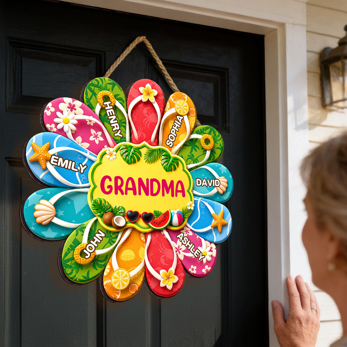 Hello Summer Grandma Flip Flop Custom Grandkids Names - Personalized Wood Sign - Summer Decoration