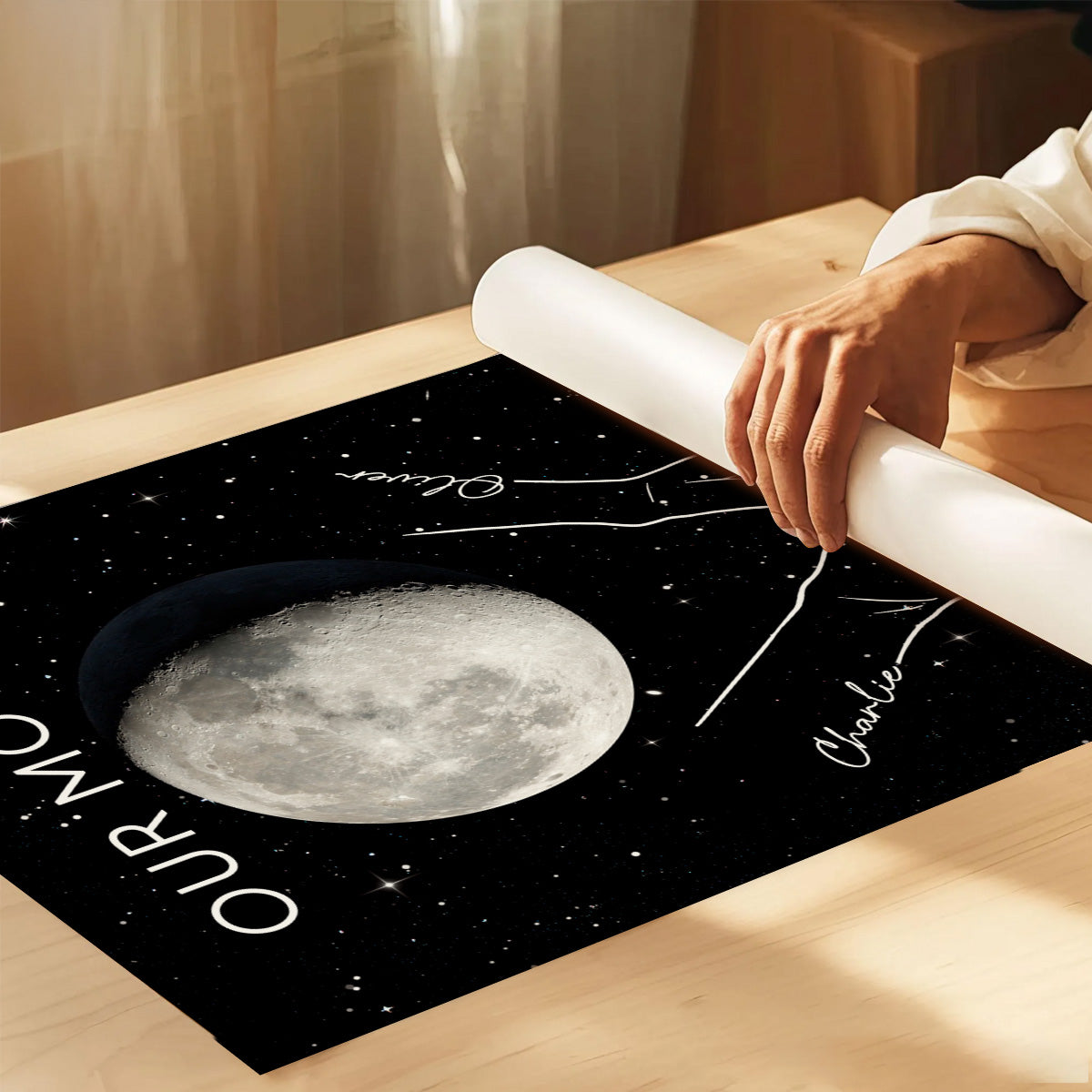 Couple Holding Hands Line Art Custom Moon Phase Anniversary Date - Personalized Poster - Gift For Couple
