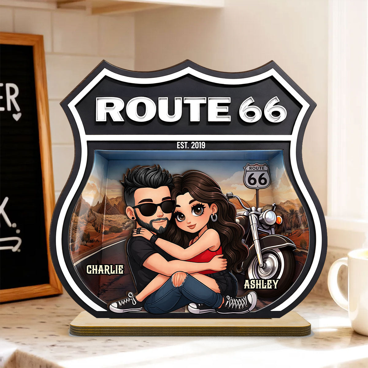Bikers Couple Route 66 - Personalized 2 Layer Standing Wooden Plaque - Gift for Couple